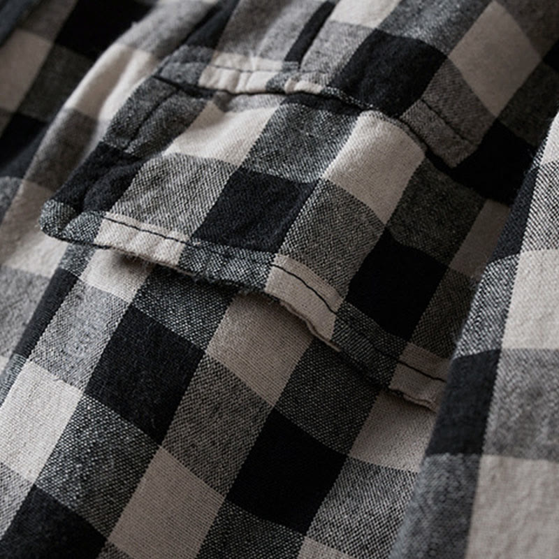 Buddha Stones Commute Plaid Pattern Women's Cotton Lapel Long Sleeve Jacket With Pockets