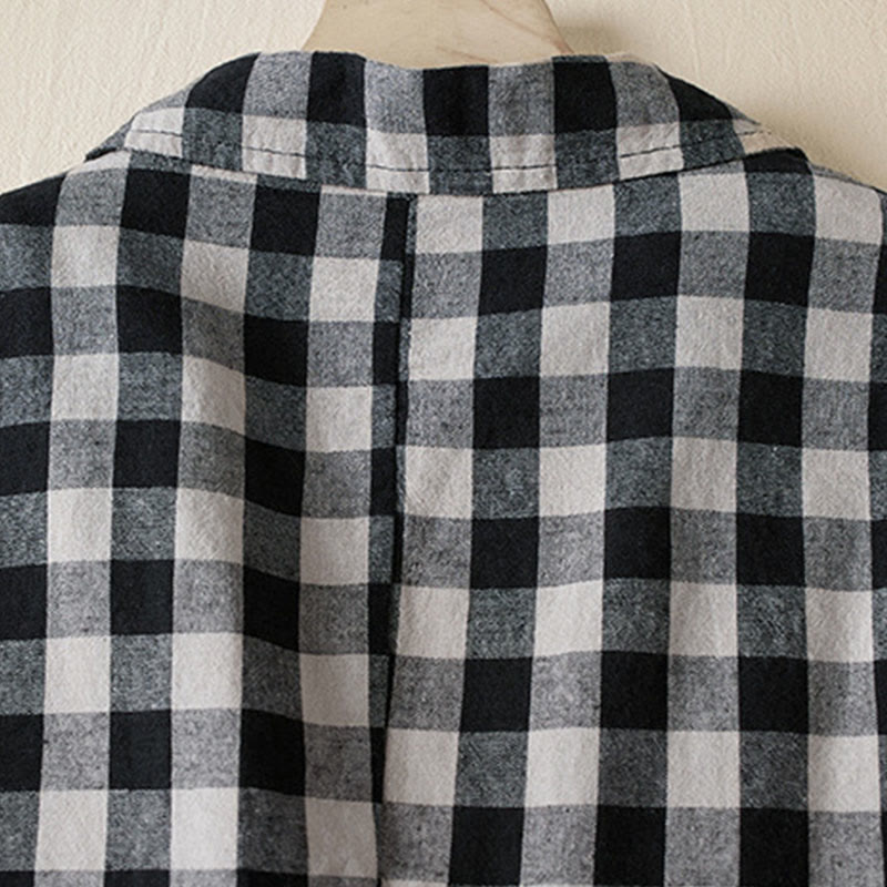 Buddha Stones Commute Plaid Pattern Women's Cotton Lapel Long Sleeve Jacket With Pockets