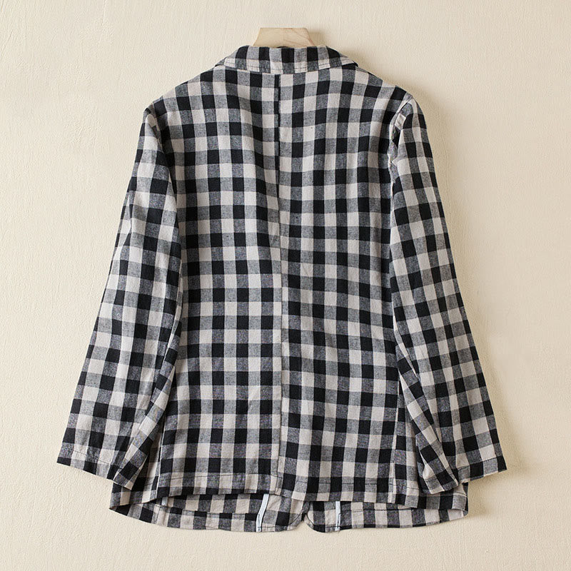 Buddha Stones Commute Plaid Pattern Women's Cotton Lapel Long Sleeve Jacket With Pockets