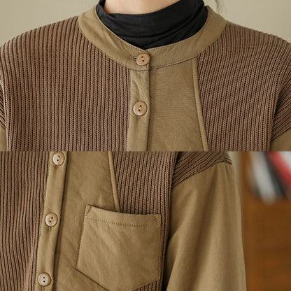 Buddha Stones Commute Plain Patchwork Design Women's Cotton Long Sleeve Jacket With Pocket