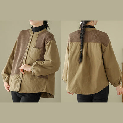 Buddha Stones Commute Plain Patchwork Design Women's Cotton Long Sleeve Jacket With Pocket