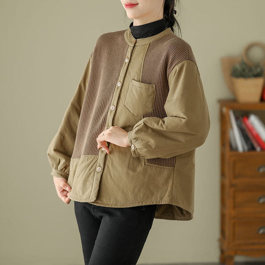 Buddha Stones Commute Plain Patchwork Design Women's Cotton Long Sleeve Jacket With Pocket