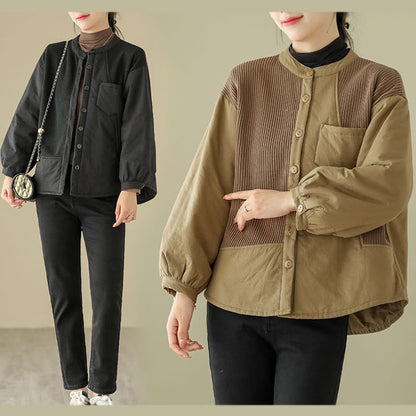 Buddha Stones Commute Plain Patchwork Design Women's Cotton Long Sleeve Jacket With Pocket
