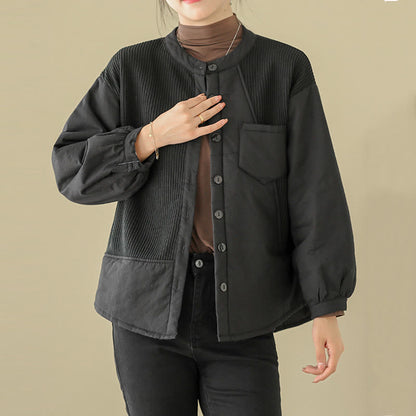 Buddha Stones Commute Plain Patchwork Design Women's Cotton Long Sleeve Jacket With Pocket