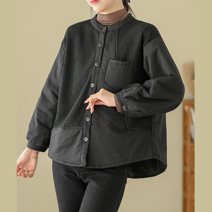 Buddha Stones Commute Plain Patchwork Design Women's Cotton Long Sleeve Jacket With Pocket
