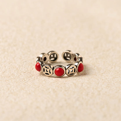 Buddha Stones Jade South Red Agate Copper Coin Prosperity Luck Open Ring