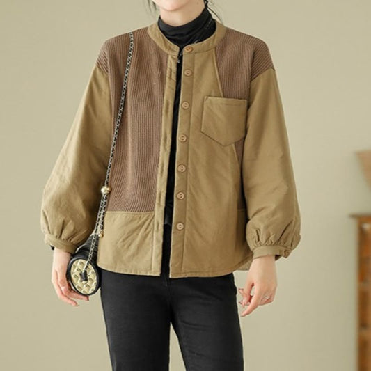 Buddha Stones Commute Plain Patchwork Design Women's Cotton Long Sleeve Jacket With Pocket