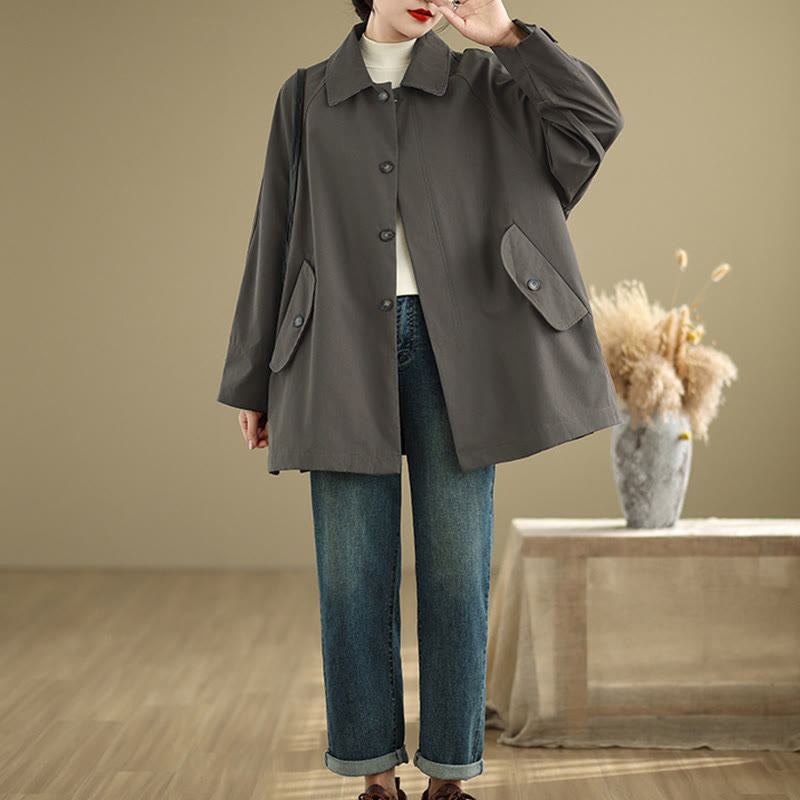 Buddha Stones Plain Patched Women's Long Sleeve Cargo Cotton Jacket With Pocket