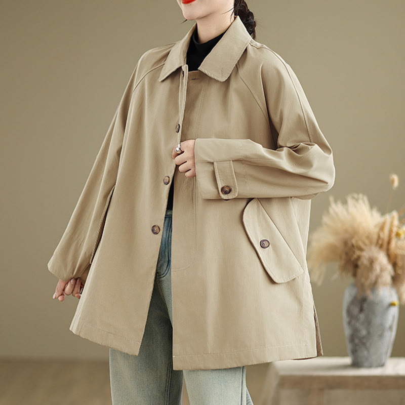 Buddha Stones Plain Patched Women's Long Sleeve Cargo Cotton Jacket With Pocket