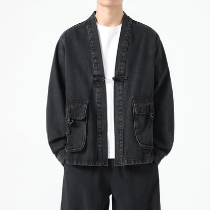 Buddha Stones Denim Button Design Men's Cotton Long Sleeve Jacket With Pockets