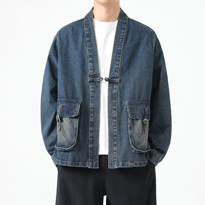 Buddha Stones Denim Button Design Men's Cotton Long Sleeve Jacket With Pockets