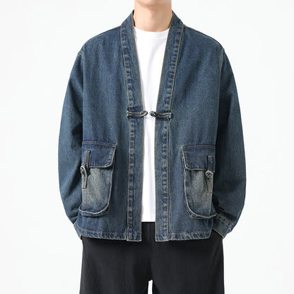 Buddha Stones Denim Button Design Men's Cotton Long Sleeve Jacket With Pockets