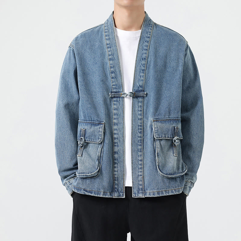 Buddha Stones Denim Button Design Men's Cotton Long Sleeve Jacket With Pockets