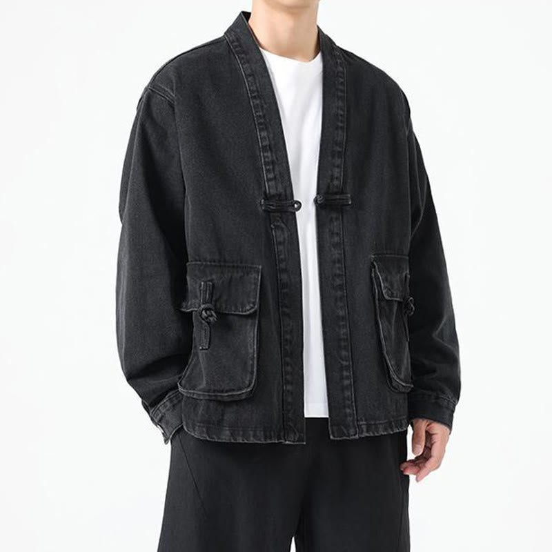 Buddha Stones Denim Button Design Men's Cotton Long Sleeve Jacket With Pockets