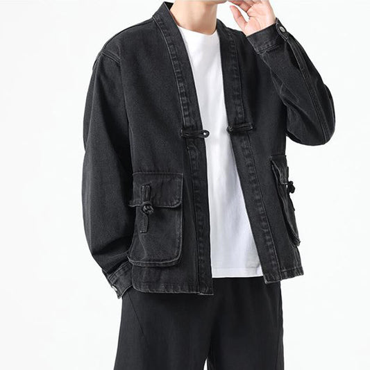 Buddha Stones Denim Button Design Men's Cotton Long Sleeve Jacket With Pockets