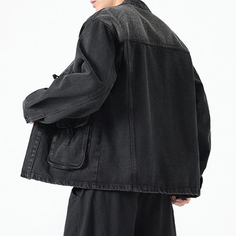 Buddha Stones Denim Button Design Men's Cotton Long Sleeve Jacket With Pockets