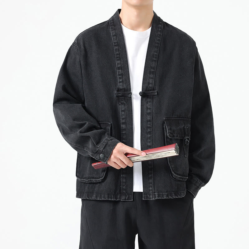 Buddha Stones Denim Button Design Men's Cotton Long Sleeve Jacket With Pockets