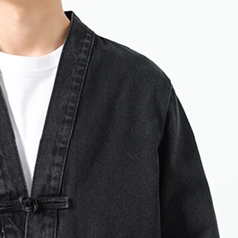 Buddha Stones Denim Button Design Men's Cotton Long Sleeve Jacket With Pockets