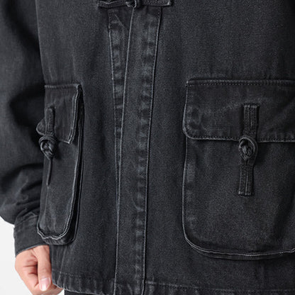 Buddha Stones Denim Button Design Men's Cotton Long Sleeve Jacket With Pockets