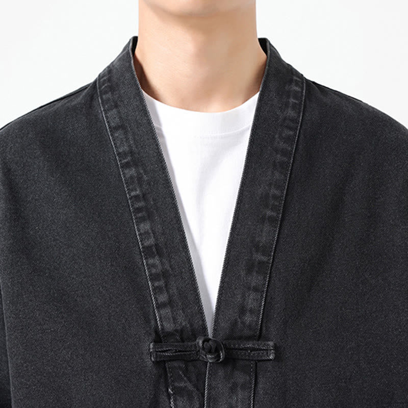 Buddha Stones Denim Button Design Men's Cotton Long Sleeve Jacket With Pockets