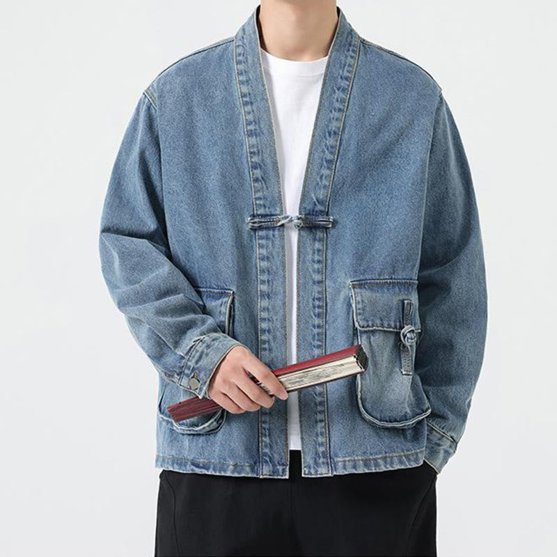 Buddha Stones Denim Button Design Men's Cotton Long Sleeve Jacket With Pockets