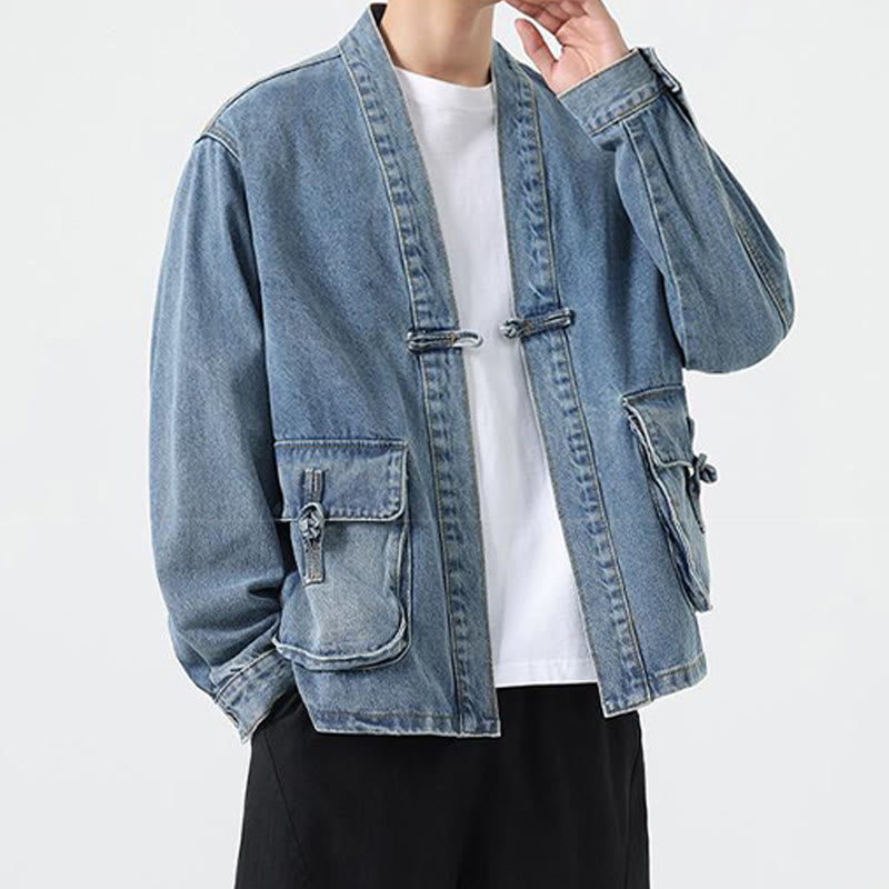 Buddha Stones Denim Button Design Men's Cotton Long Sleeve Jacket With Pockets