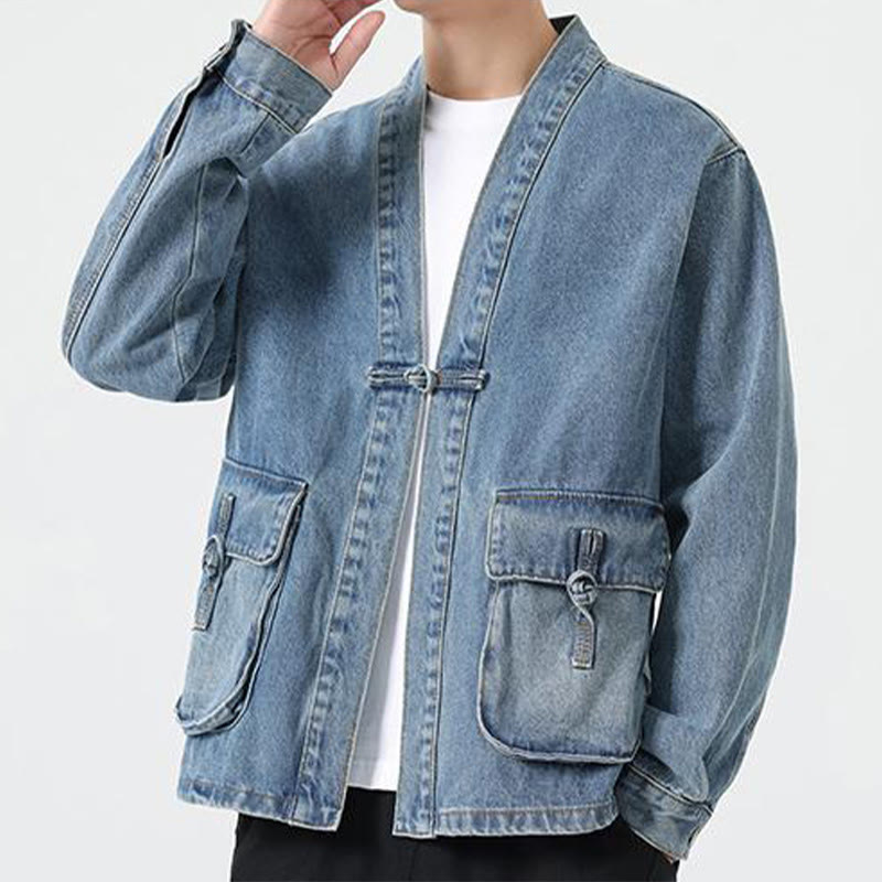 Buddha Stones Denim Button Design Men's Cotton Long Sleeve Jacket With Pockets