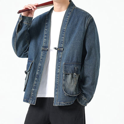 Buddha Stones Denim Button Design Men's Cotton Long Sleeve Jacket With Pockets