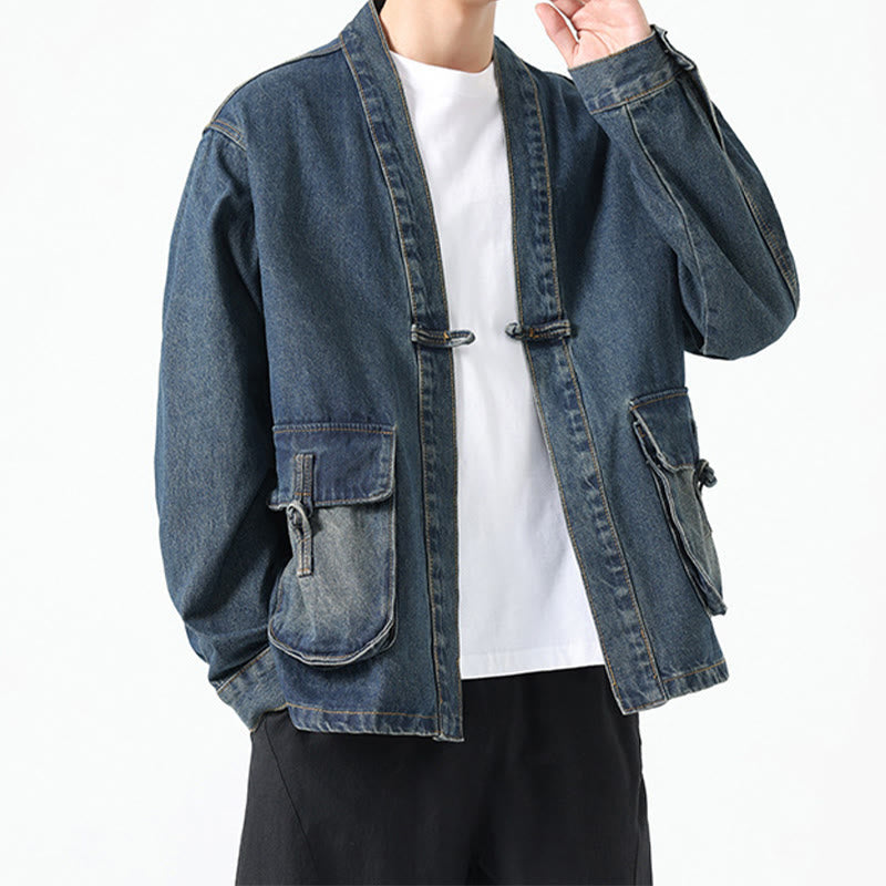 Buddha Stones Denim Button Design Men's Cotton Long Sleeve Jacket With Pockets