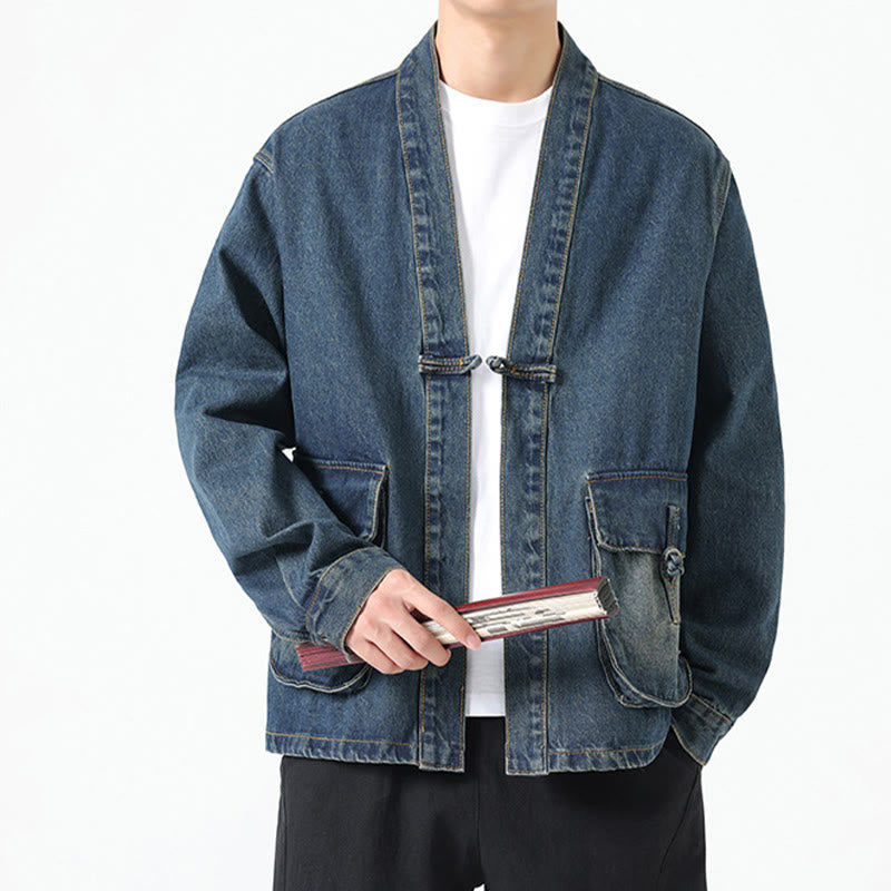 Buddha Stones Denim Button Design Men's Cotton Long Sleeve Jacket With Pockets