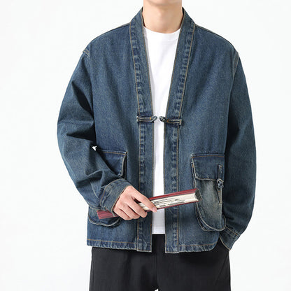 Buddha Stones Denim Button Design Men's Cotton Long Sleeve Jacket With Pockets