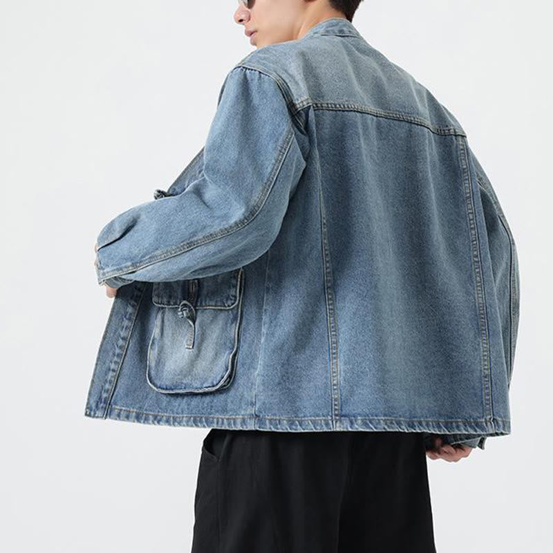 Buddha Stones Denim Button Design Men's Cotton Long Sleeve Jacket With Pockets