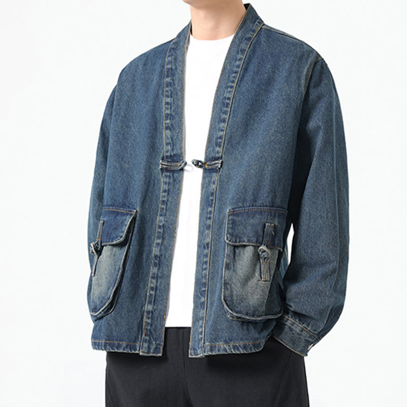 Buddha Stones Denim Button Design Men's Cotton Long Sleeve Jacket With Pockets