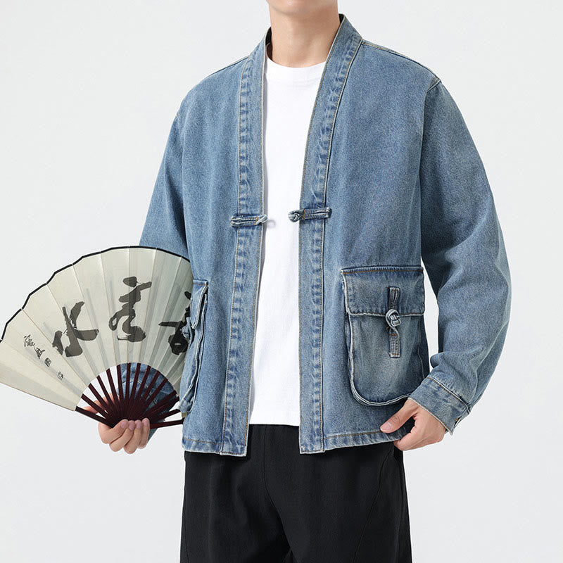 Buddha Stones Denim Button Design Men's Cotton Long Sleeve Jacket With Pockets
