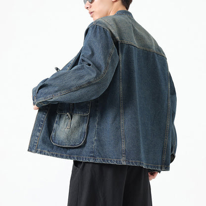Buddha Stones Denim Button Design Men's Cotton Long Sleeve Jacket With Pockets