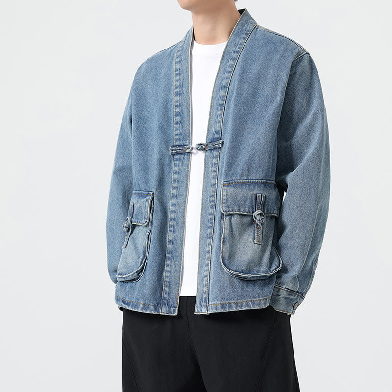 Buddha Stones Denim Button Design Men's Cotton Long Sleeve Jacket With Pockets