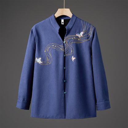 Buddha Stones Winter Embroidered Butterfly Ribbon Fleece-Lined Men's Cotton Long Sleeve Jacket