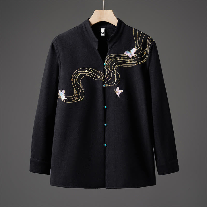 Buddha Stones Winter Embroidered Butterfly Ribbon Fleece-Lined Men's Cotton Long Sleeve Jacket