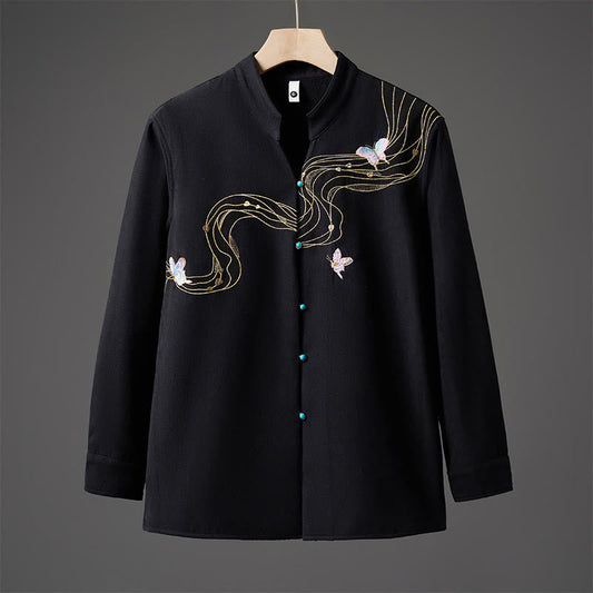 Buddha Stones Winter Embroidered Butterfly Ribbon Fleece-Lined Men's Cotton Long Sleeve Jacket