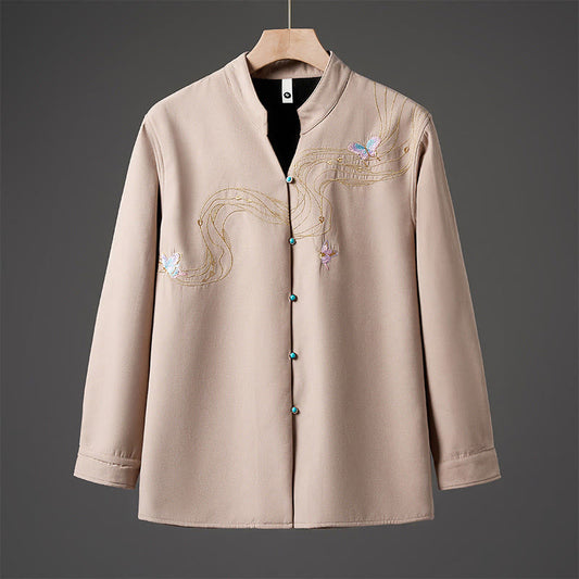 Buddha Stones Winter Embroidered Butterfly Ribbon Fleece-Lined Men's Cotton Long Sleeve Jacket