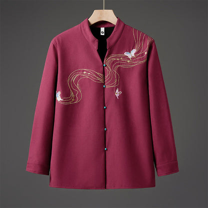 Buddha Stones Winter Embroidered Butterfly Ribbon Fleece-Lined Men's Cotton Long Sleeve Jacket