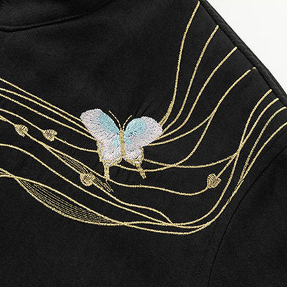 Buddha Stones Winter Embroidered Butterfly Ribbon Fleece-Lined Men's Cotton Long Sleeve Jacket