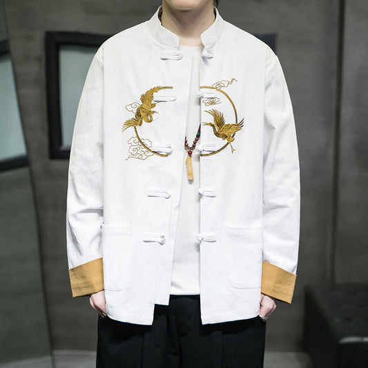 Buddha Stones Embroidered Cranes Auspicious Clouds Frog-Button Long Sleeve Cotton Linen Men's Shirt