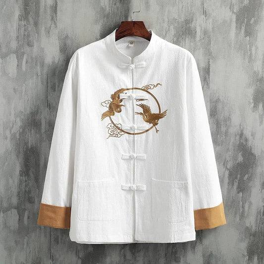 Buddha Stones Embroidered Cranes Auspicious Clouds Frog-Button Long Sleeve Cotton Linen Men's Shirt