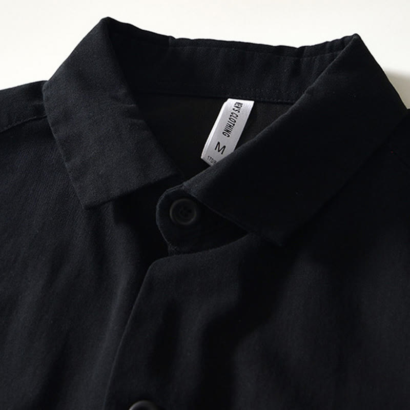 Buddha Stones Fall Solid Long Sleeve Buttons Down Men Cotton Shirt With Pockets