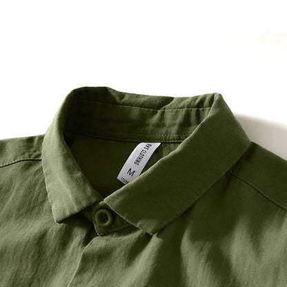 Buddha Stones Fall Solid Long Sleeve Buttons Down Men Cotton Shirt With Pockets