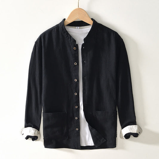 Buddha Stones Fall Solid Long Sleeve Buttons Men's Ramie Cotton Shirt With Pockets