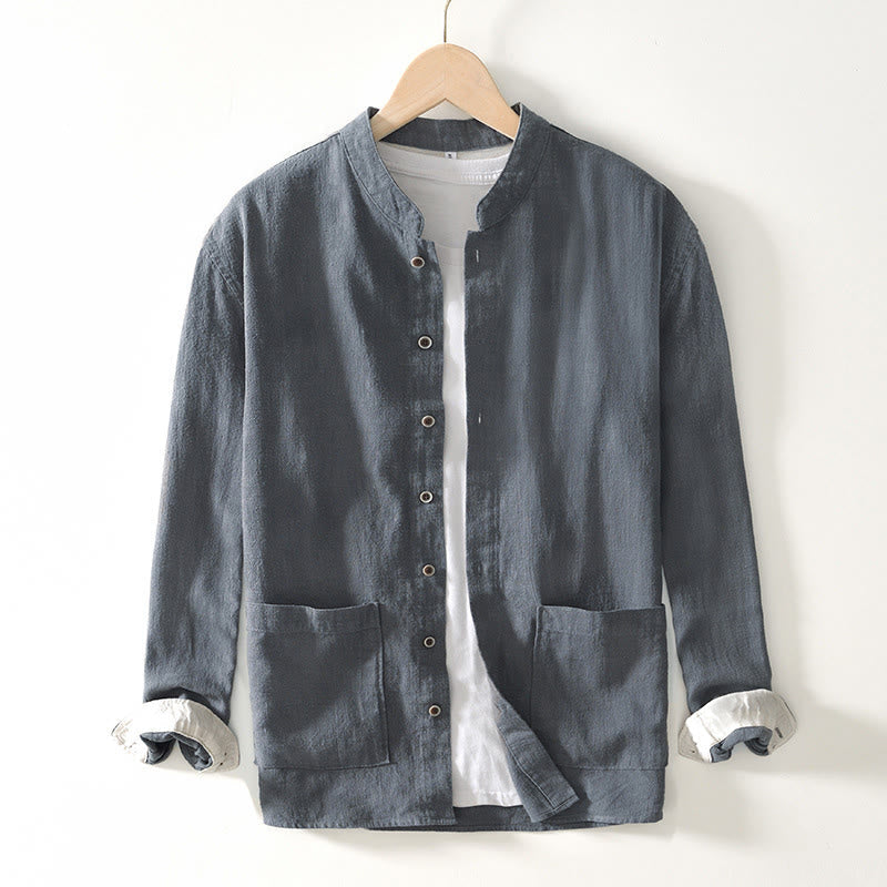 Buddha Stones Fall Solid Long Sleeve Buttons Men's Ramie Cotton Shirt With Pockets