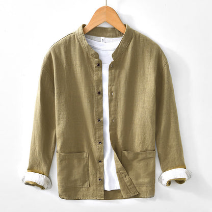 Buddha Stones Fall Solid Long Sleeve Buttons Men's Ramie Cotton Shirt With Pockets