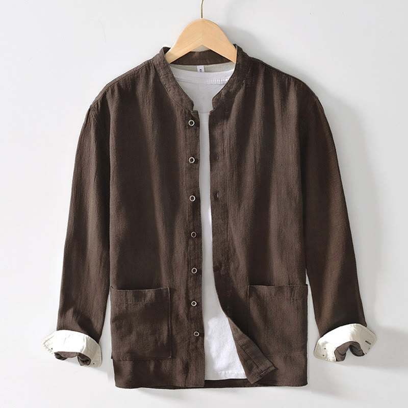 Buddha Stones Fall Solid Long Sleeve Buttons Men's Ramie Cotton Shirt With Pockets